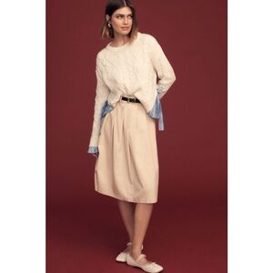 Anthropologie | Ivory Cable Knit Twofer Sweater with Blue Striped Side Tie ~ XXS